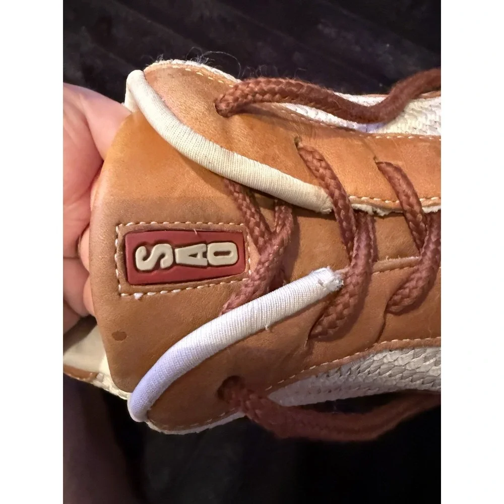SAO Mens Size 12M Comfort Shoes Brown Beige Leather Sneakers Herringbone Pattern